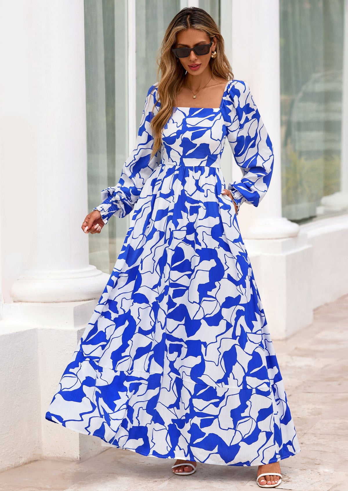 Floral A-Line Flowy Maxi Dress - Long Sleeve, Square Neck, photo 33