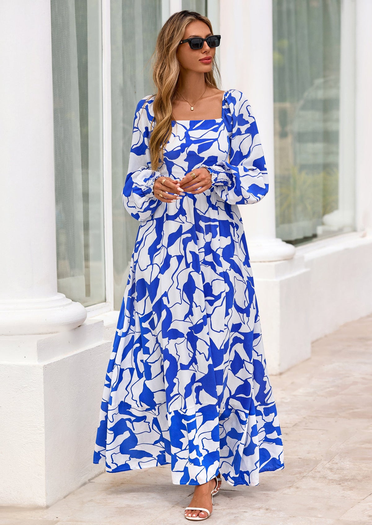 Floral A-Line Flowy Maxi Dress - Long Sleeve, Square Neck, photo 34