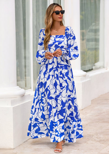 Floral A-Line Flowy Maxi Dress - Long Sleeve, Square Neck, photo 34