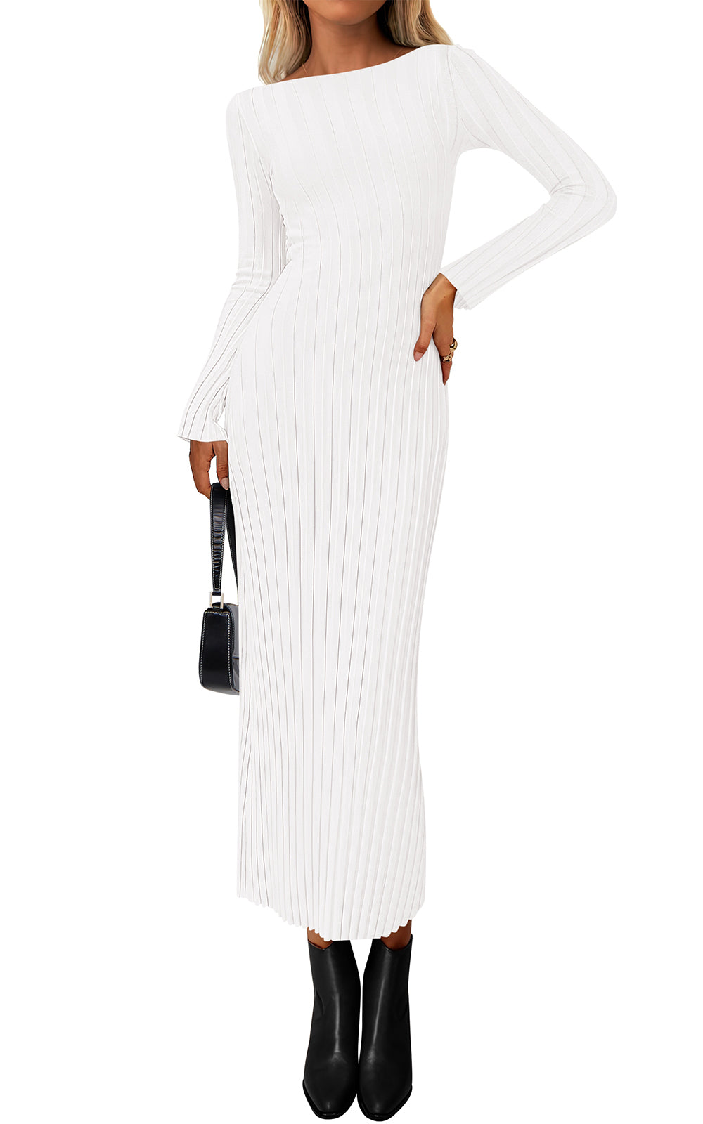 Sweater Knit Bodycon Maxi Dress - Long Sleeve, Boat Neck, Photo 16