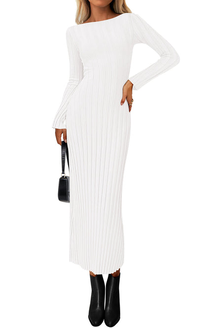Sweater Knit Bodycon Maxi Dress - Long Sleeve, Boat Neck, Photo 16