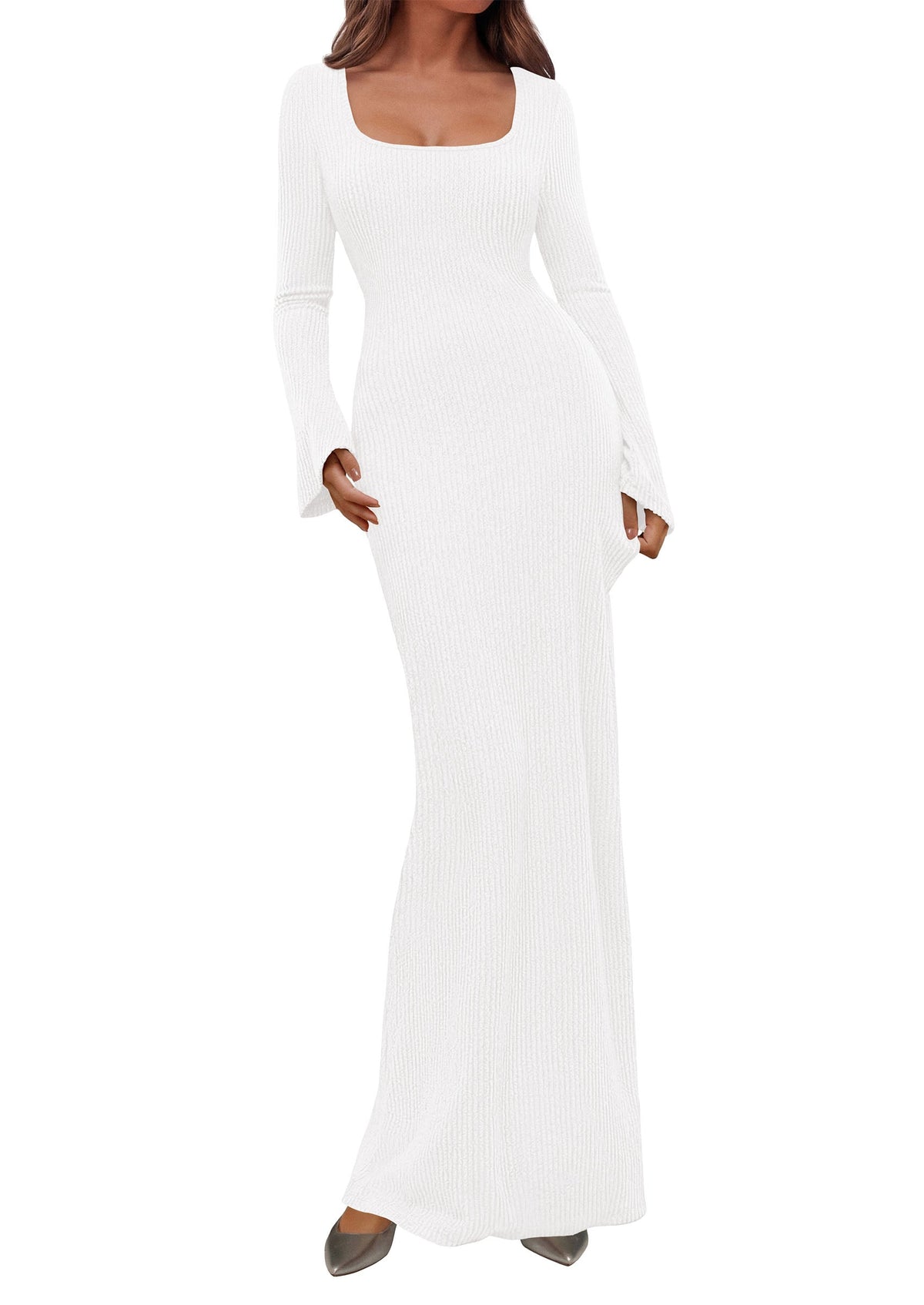 Ribbed Knit Bodycon Mermaid Maxi Dress - Long Sleeve, Square - Photo 43