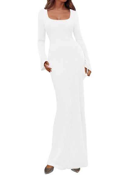 Ribbed Knit Bodycon Mermaid Maxi Dress - Long Sleeve, Square - Photo 43