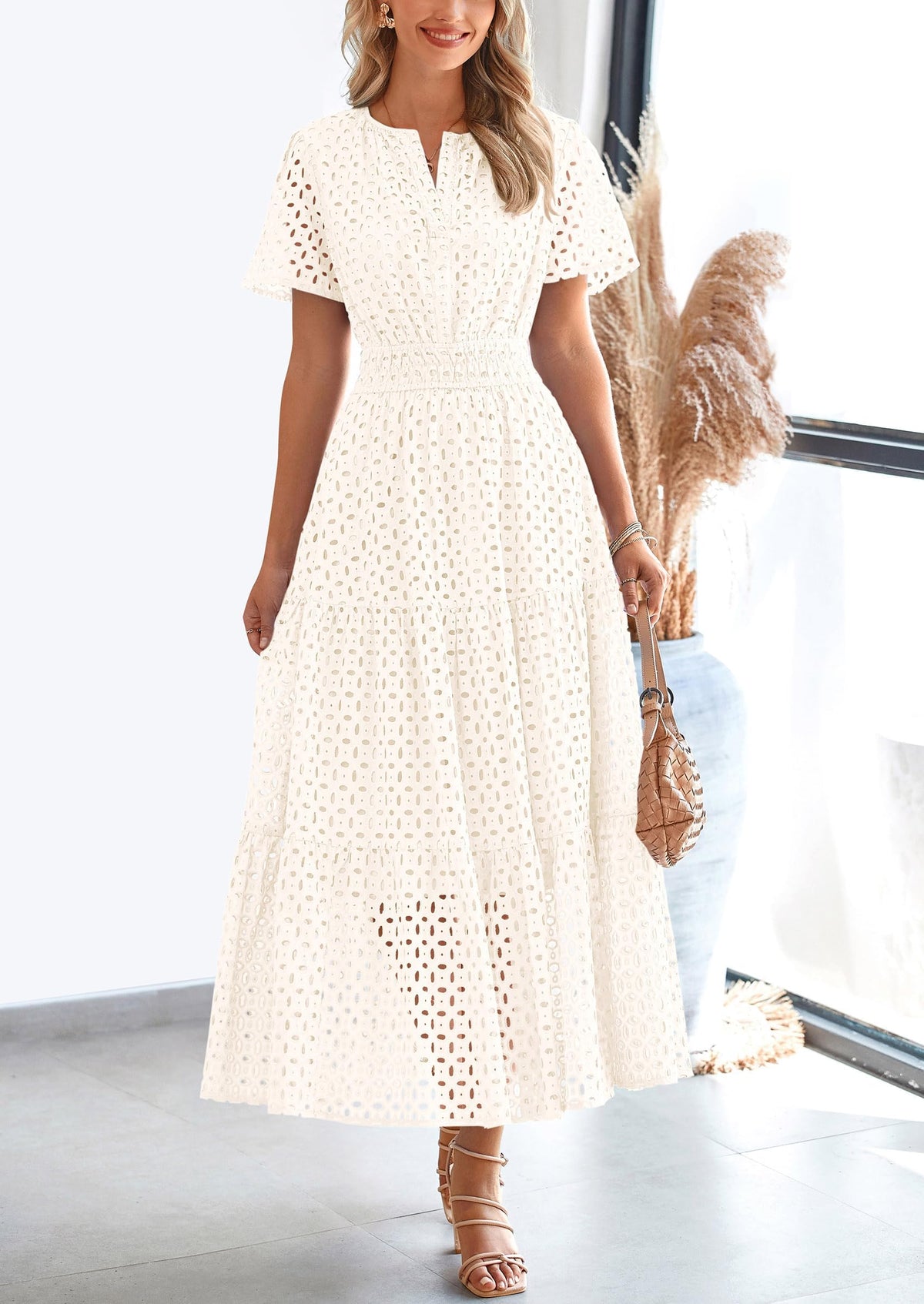 Eyelet A-Line Flowy Maxi Dress - Short Sleeve, V-Neck, Beach - photo 46
