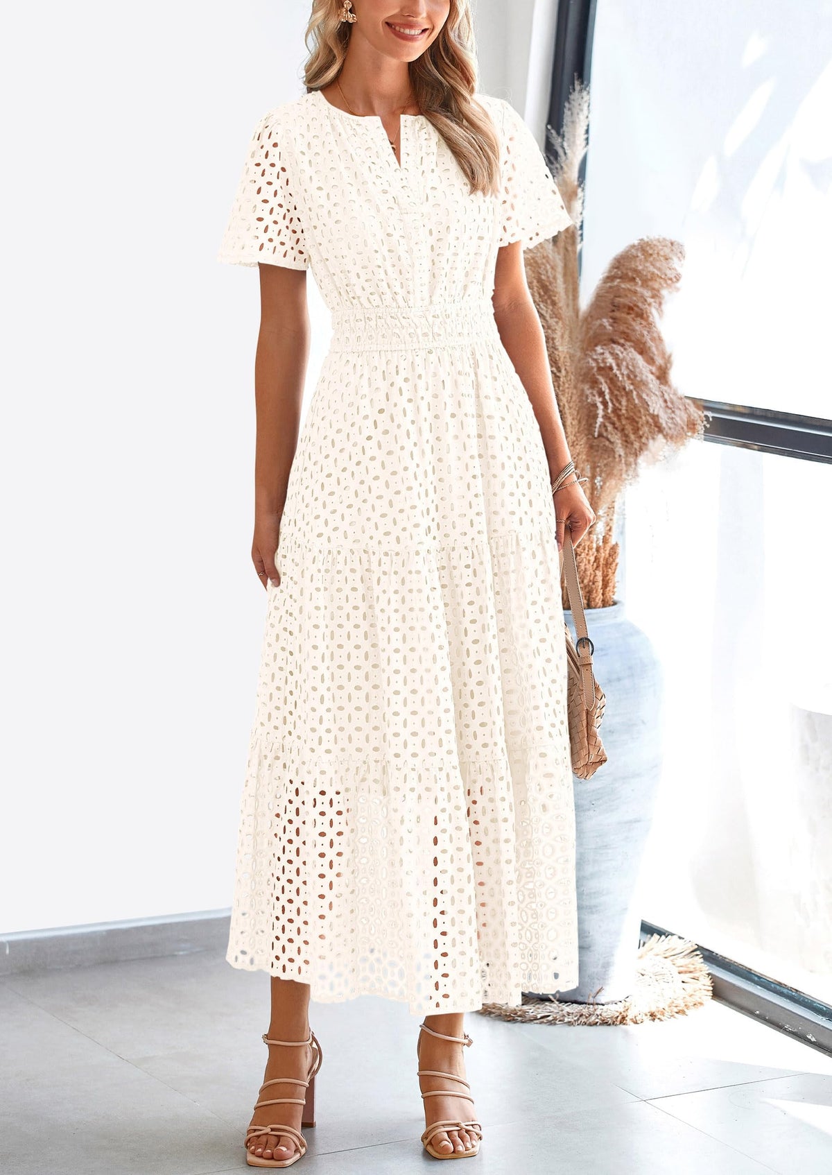 Eyelet A-Line Flowy Maxi Dress - Short Sleeve, V-Neck, Beach - photo 48