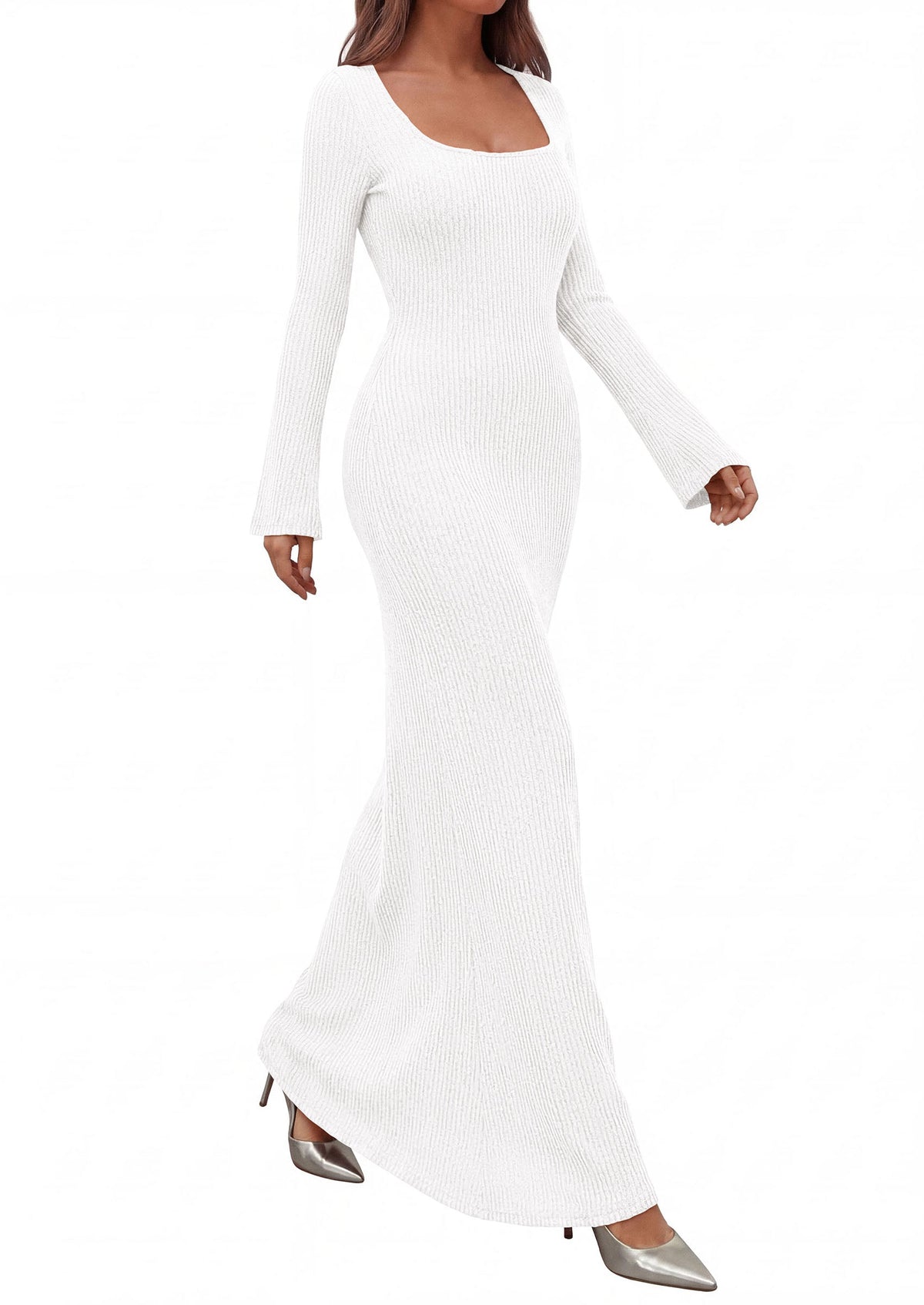 Ribbed Knit Bodycon Mermaid Maxi Dress - Long Sleeve, Square - Photo 46