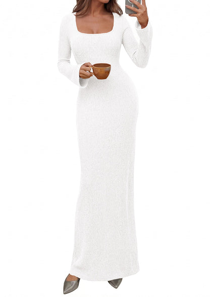 Ribbed Knit Bodycon Mermaid Maxi Dress - Long Sleeve, Square - Photo 47