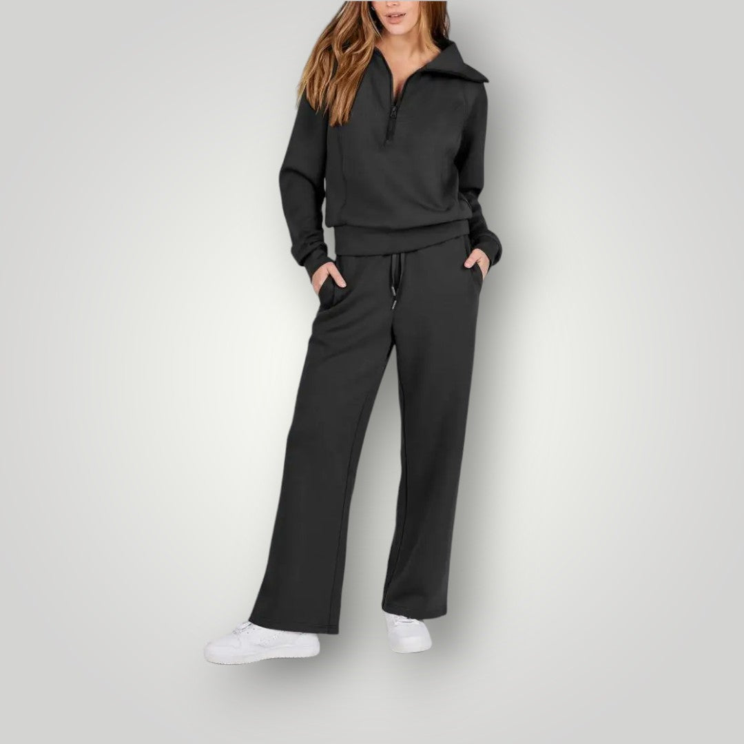 Women's gray loungewear set half-zip sweatshirt with matching wide-leg pants, cozy neutral two-piece