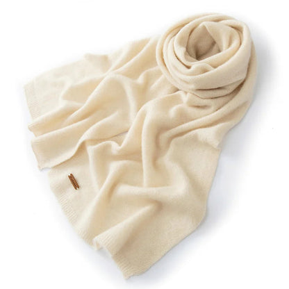 Women's pure cashmere winter scarf in neutral tones, dense smooth knit, generous length for versatile styling