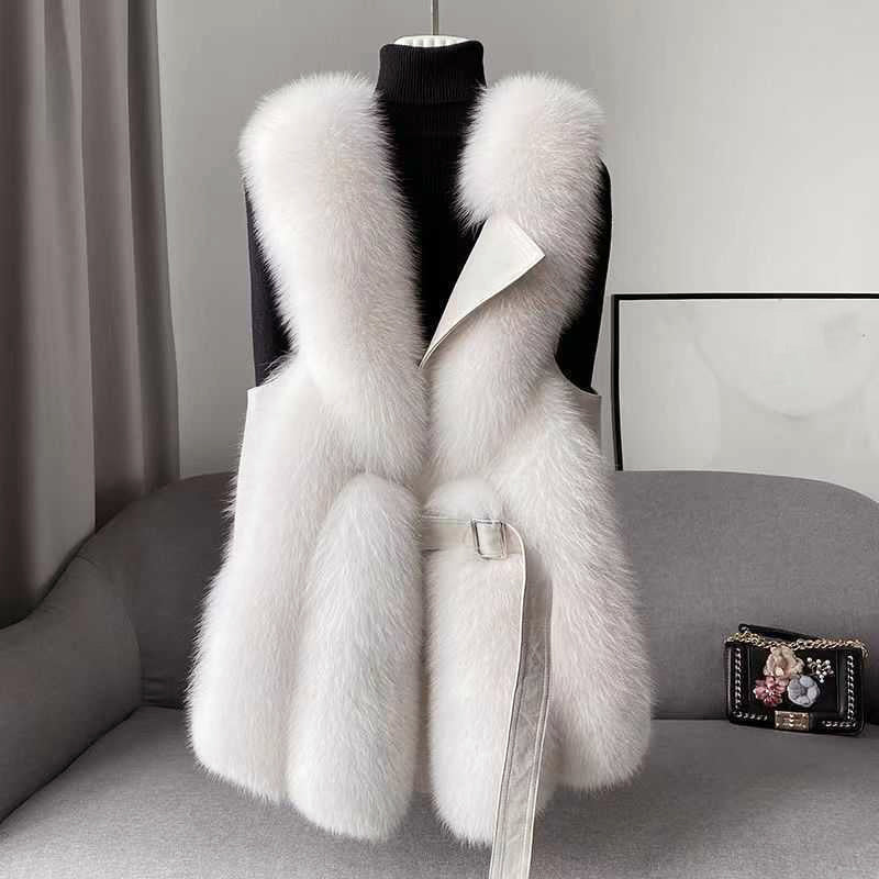 Orsenvi Women's Faux Fur Vest With Belted Waist And Faux Leather Trim