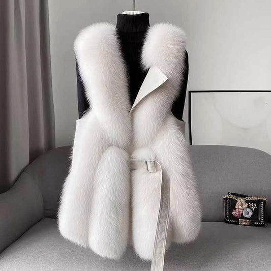 Orsenvi Women's Faux Fur Vest With Belted Waist And Faux Leather Trim