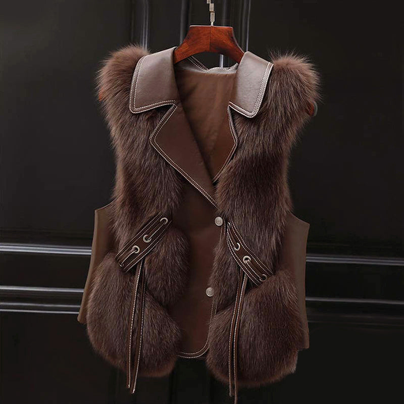 Women's white faux fur vest with wide lapel collar, adjustable waist tie, hip-length regular fit