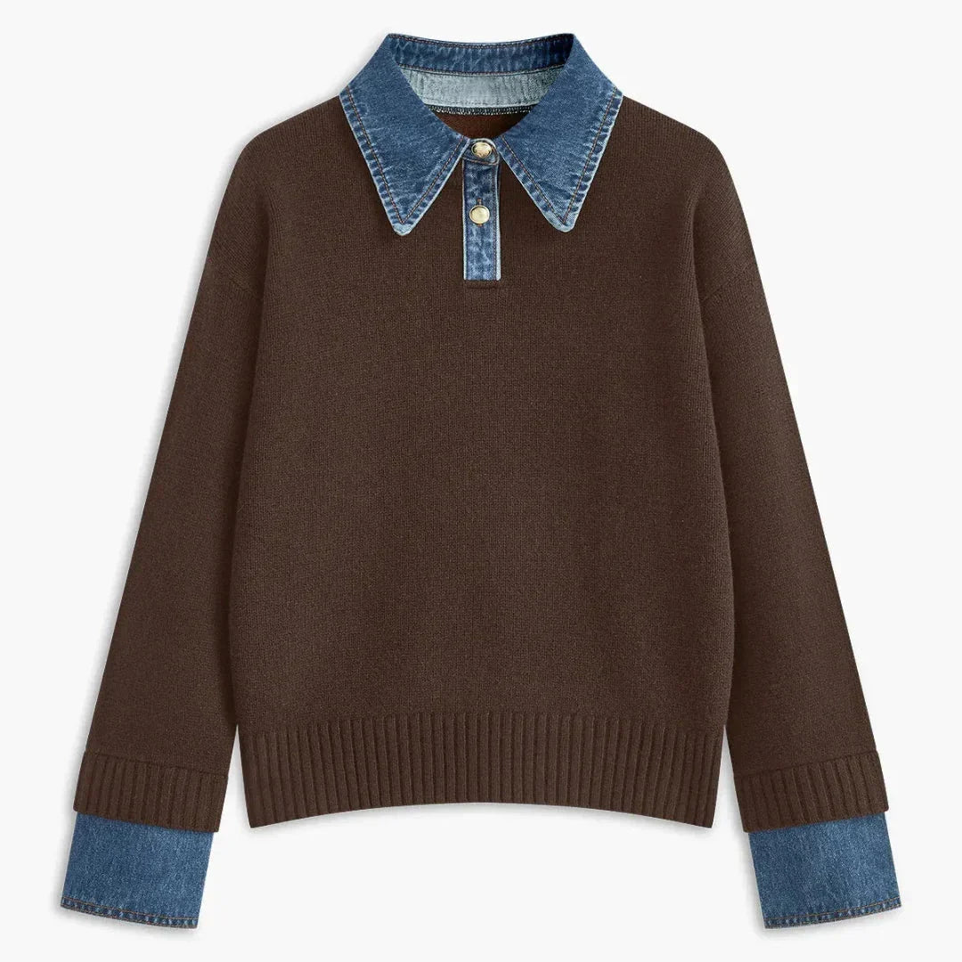 Women's cream knit sweater with denim collar and cuffs, chic layered look, button-front placket