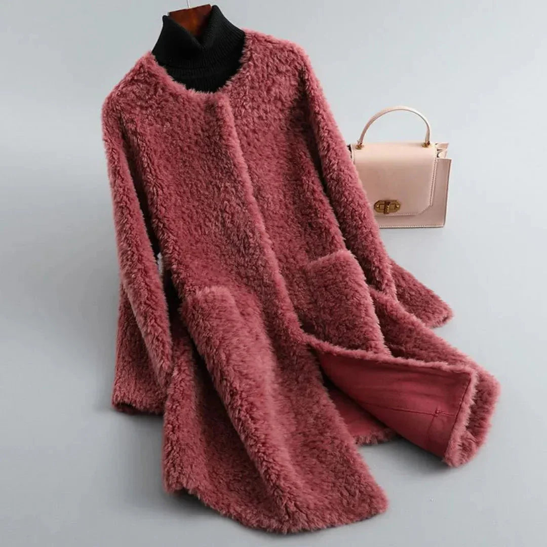 Women's ivory faux shearling fur coat with draped silhouette and ultra-soft plush texture luxury outerwear