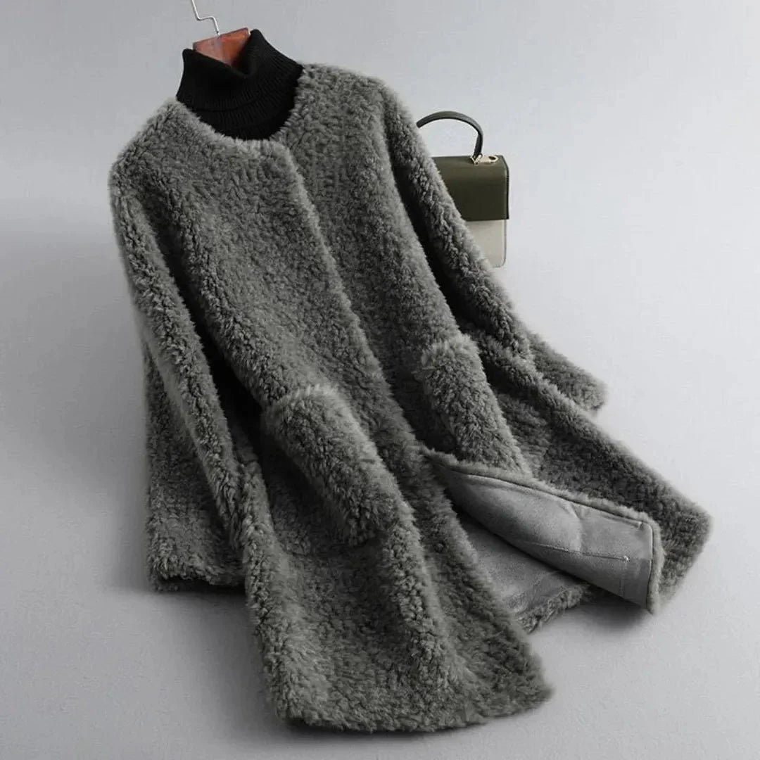 Women's ivory faux shearling fur coat with draped silhouette and ultra-soft plush texture luxury outerwear