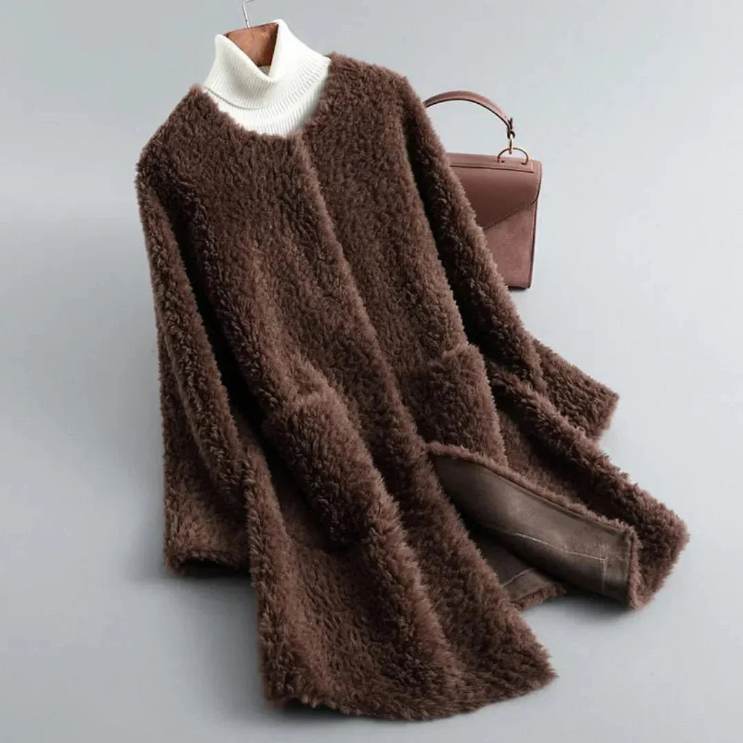 Women's ivory faux shearling fur coat with draped silhouette and ultra-soft plush texture luxury outerwear
