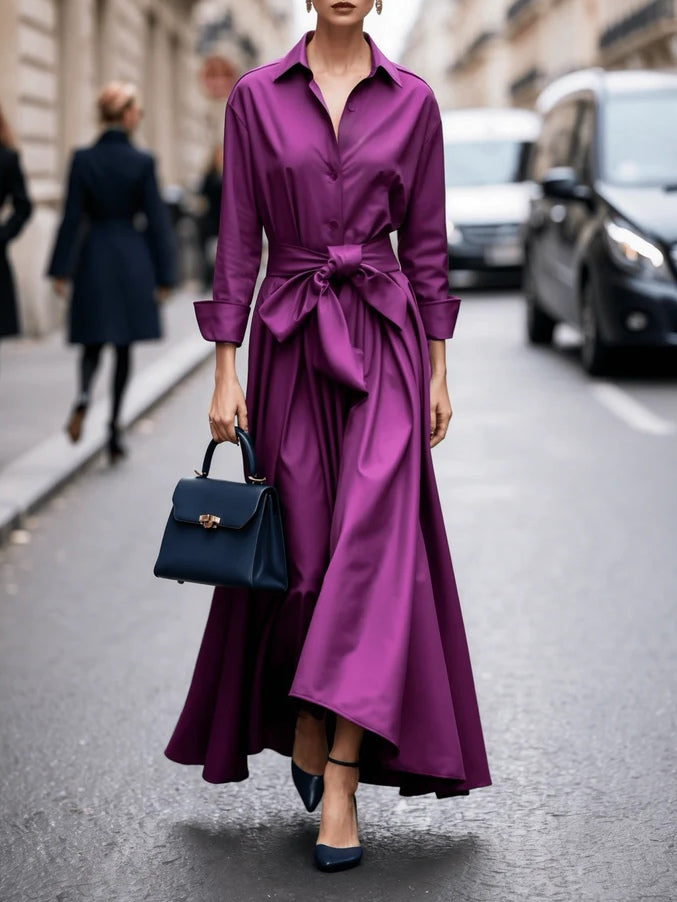 Elegant Long-Sleeve Tie Maxi Dress