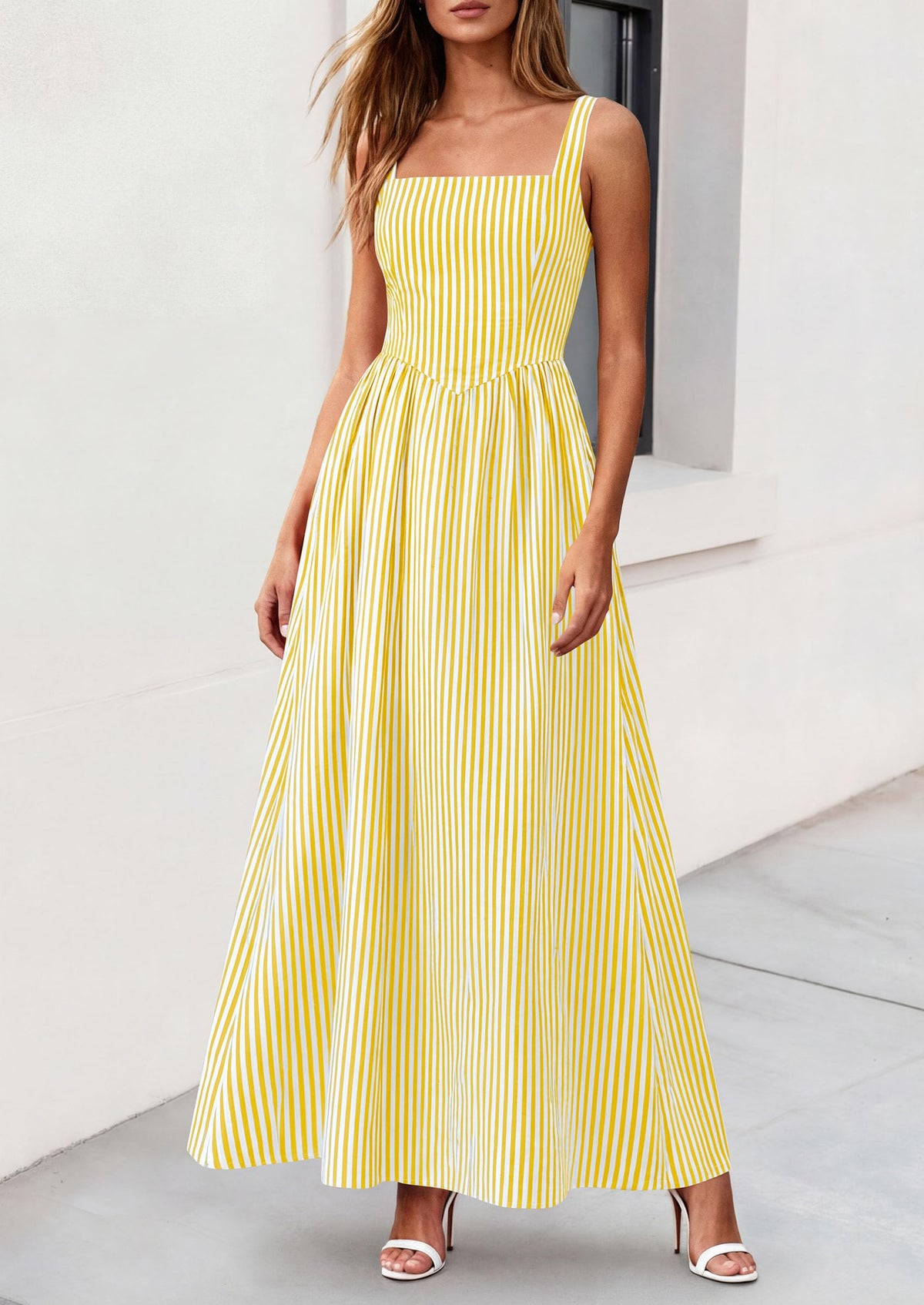 Striped Smocked A-Line Maxi Dress - Sleeveless, Square Neck, photo 2