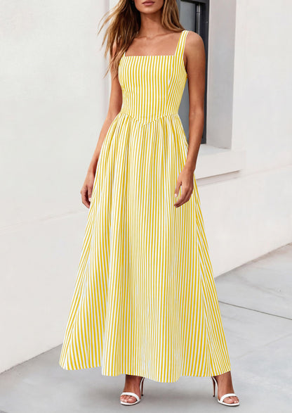 Striped Smocked A-Line Maxi Dress - Sleeveless, Square Neck, photo 2