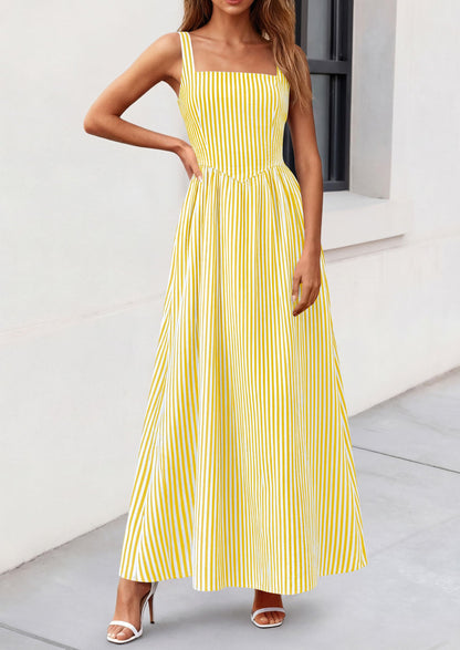 Striped Smocked A-Line Maxi Dress - Sleeveless, Square Neck, photo 3