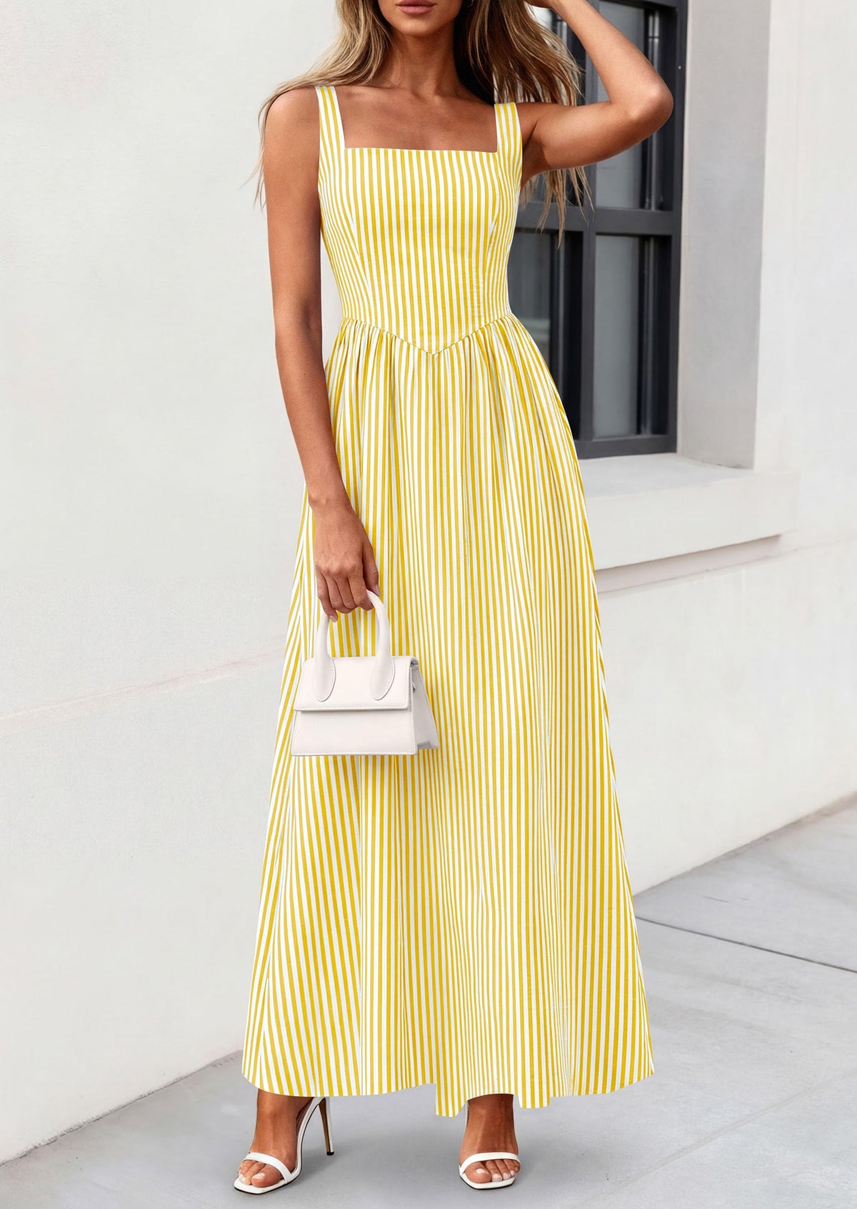 Striped Smocked A-Line Maxi Dress - Sleeveless, Square Neck, photo 4