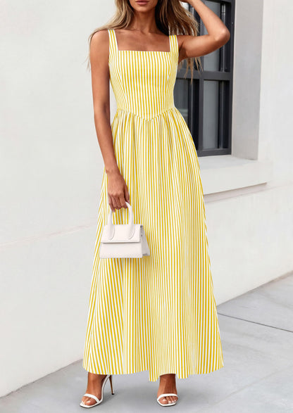 Striped Smocked A-Line Maxi Dress - Sleeveless, Square Neck, photo 4