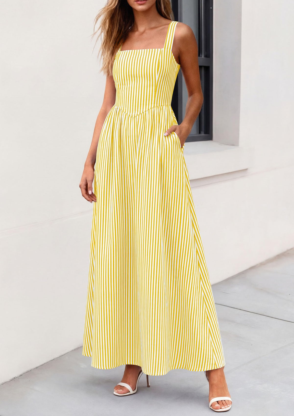 Striped Smocked A-Line Maxi Dress - Sleeveless, Square Neck, photo 5