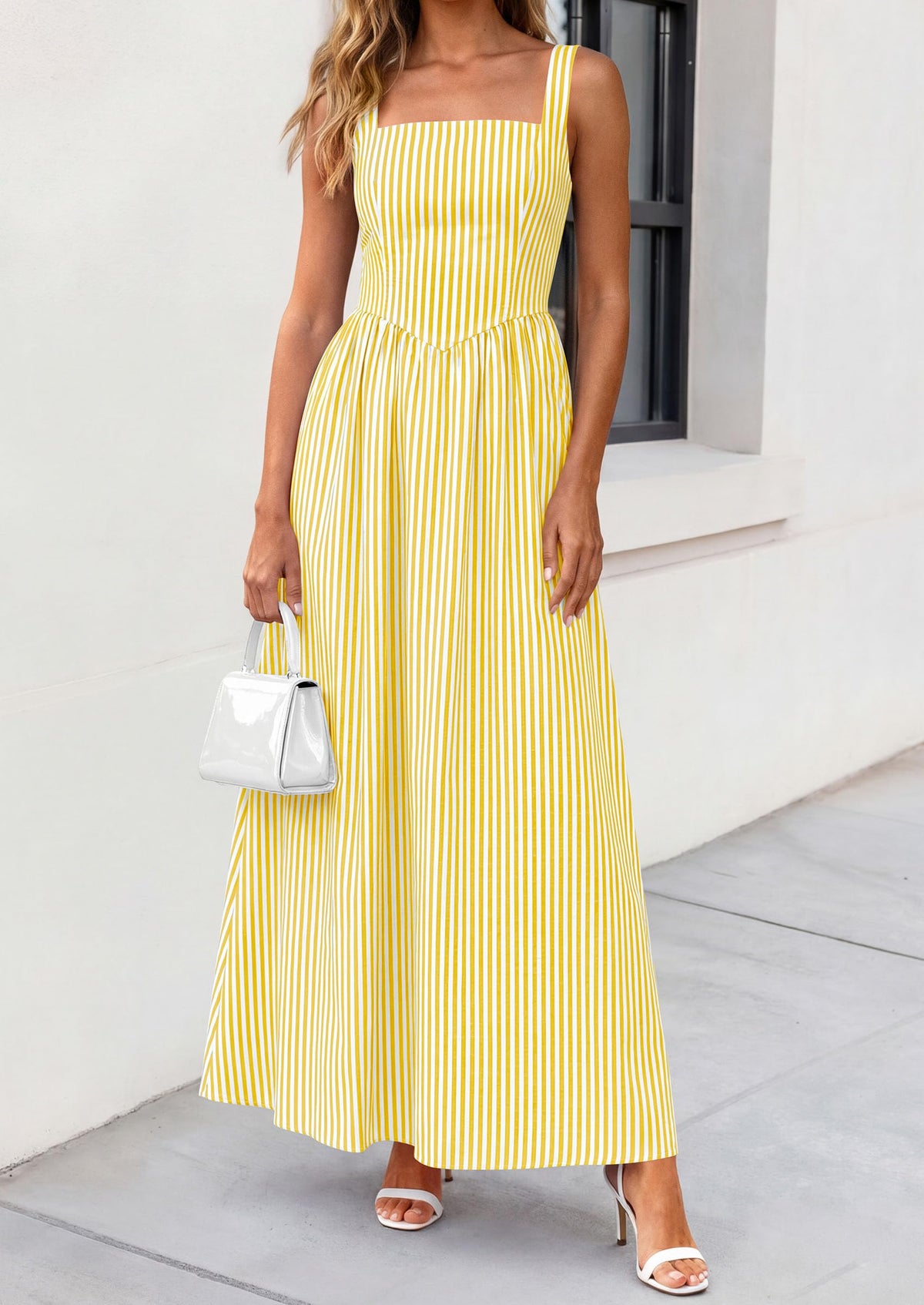 Striped Smocked A-Line Maxi Dress - Sleeveless, Square Neck, photo 6