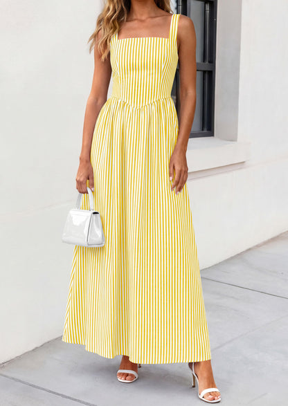 Striped Smocked A-Line Maxi Dress - Sleeveless, Square Neck, photo 6