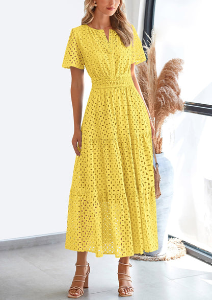 Eyelet A-Line Flowy Maxi Dress - Short Sleeve, V-Neck, Beach - photo 53