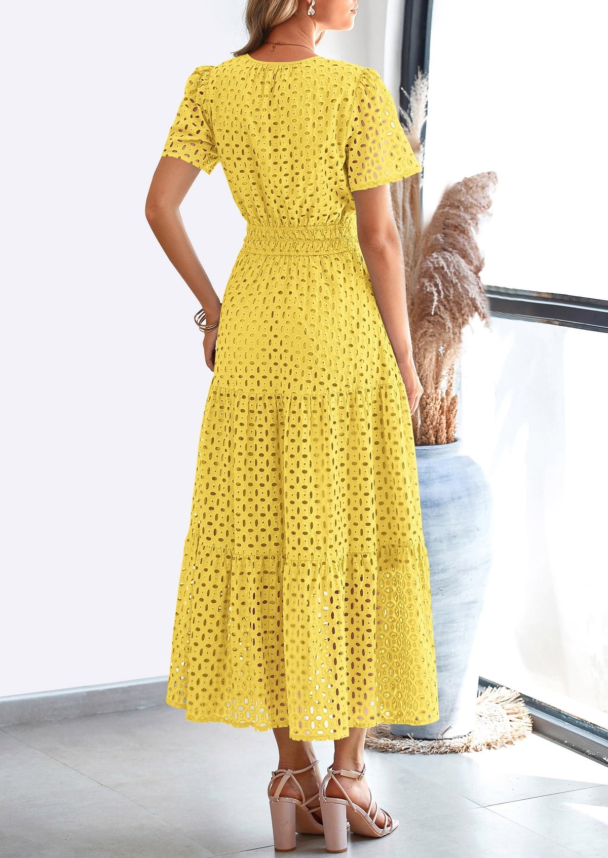 Eyelet A-Line Flowy Maxi Dress - Short Sleeve, V-Neck, Beach - photo 52