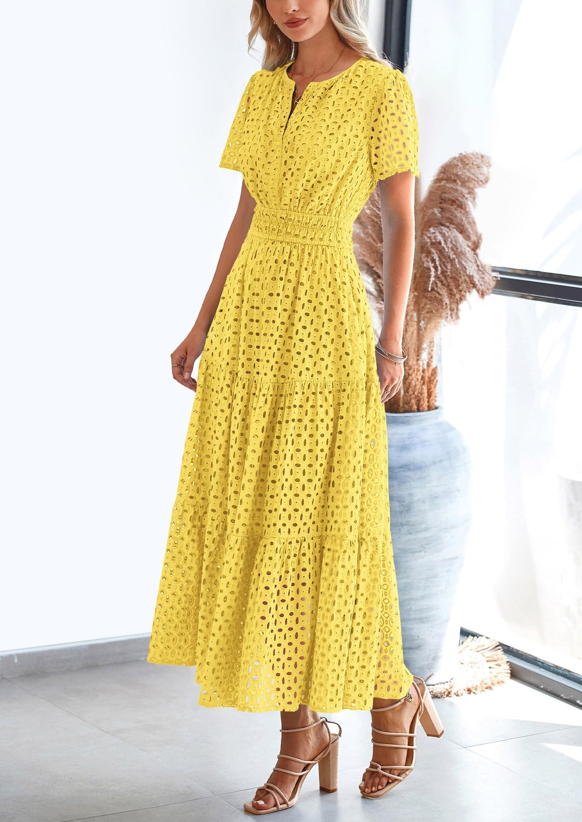 Eyelet A-Line Flowy Maxi Dress - Short Sleeve, V-Neck, Beach - photo 55