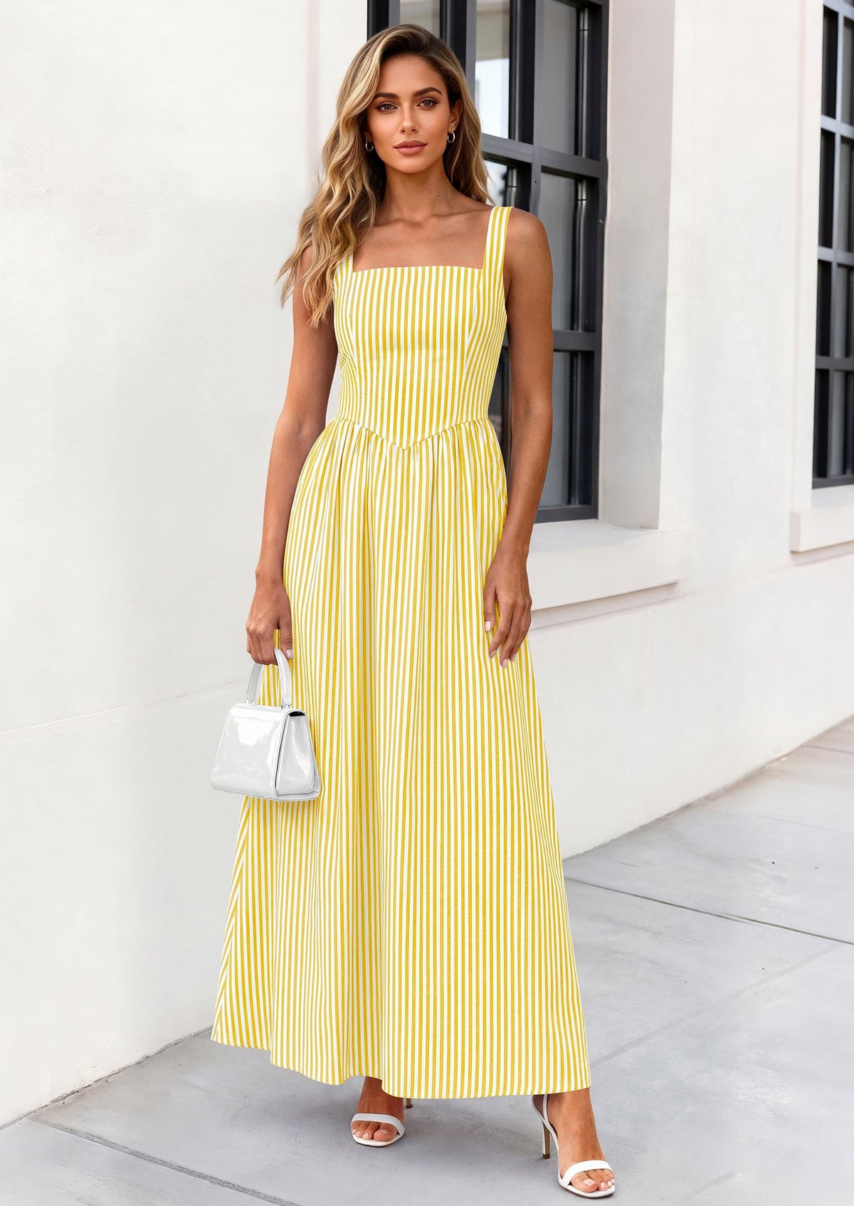 Striped Smocked A-Line Maxi Dress - Sleeveless, Square Neck, photo 1