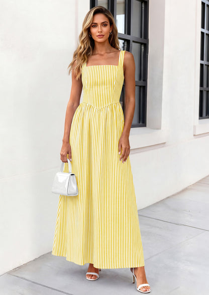 Striped Smocked A-Line Maxi Dress - Sleeveless, Square Neck, photo 1