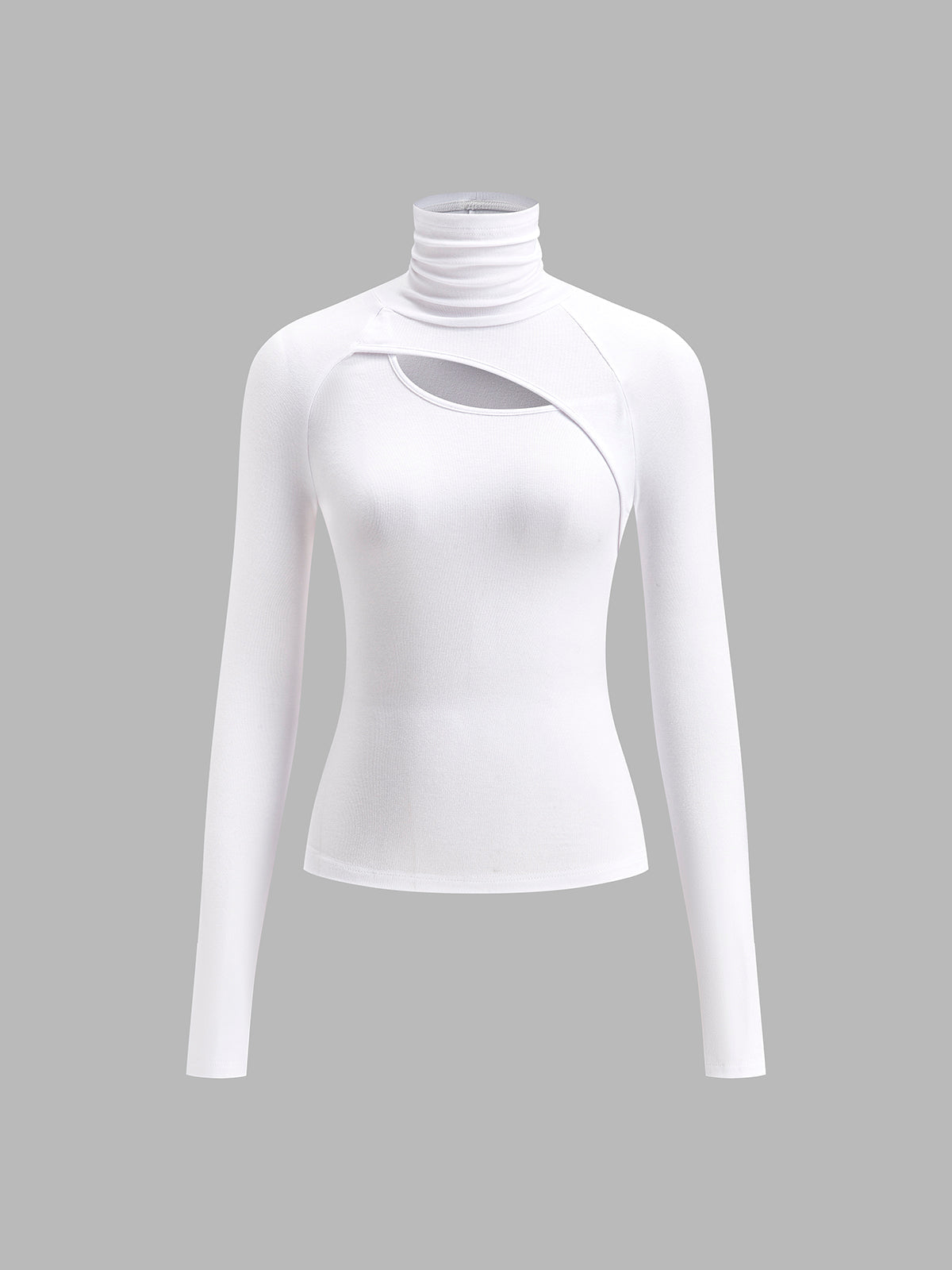 Black fitted turtleneck long sleeve top with asymmetric chest cutout, sleek going-out style