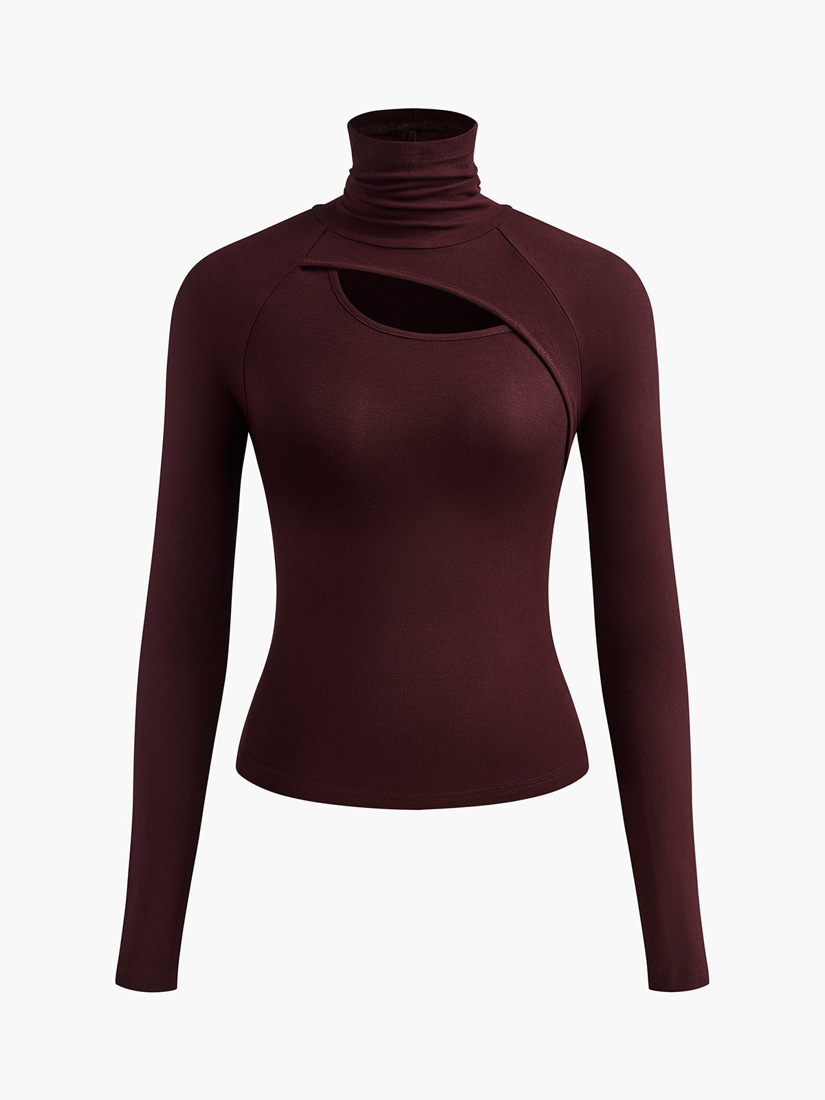 Black fitted turtleneck long sleeve top with asymmetric chest cutout, sleek going-out style