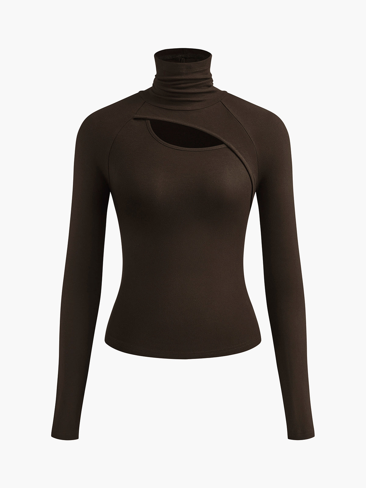 Black fitted turtleneck long sleeve top with asymmetric chest cutout for a sleek going-out look