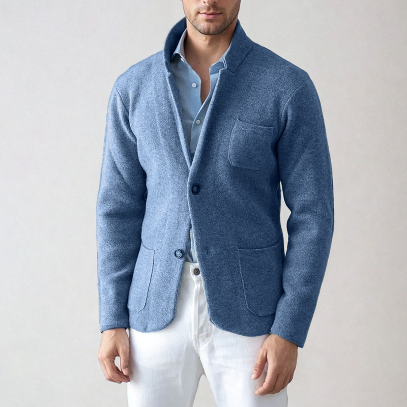 Men's gray knit cardigan blazer-inspired silhouette with tailored collar for office and weekend wear