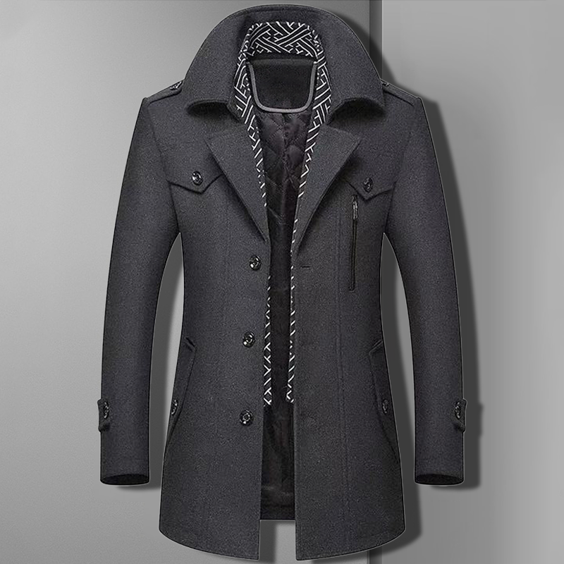 Patrick mens brown wool blend double breasted military overcoat with structured tailoring by Orsenvi