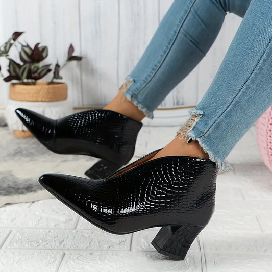 Women's Textured Ankle Boots with Curved Cut and Mid Block Heel