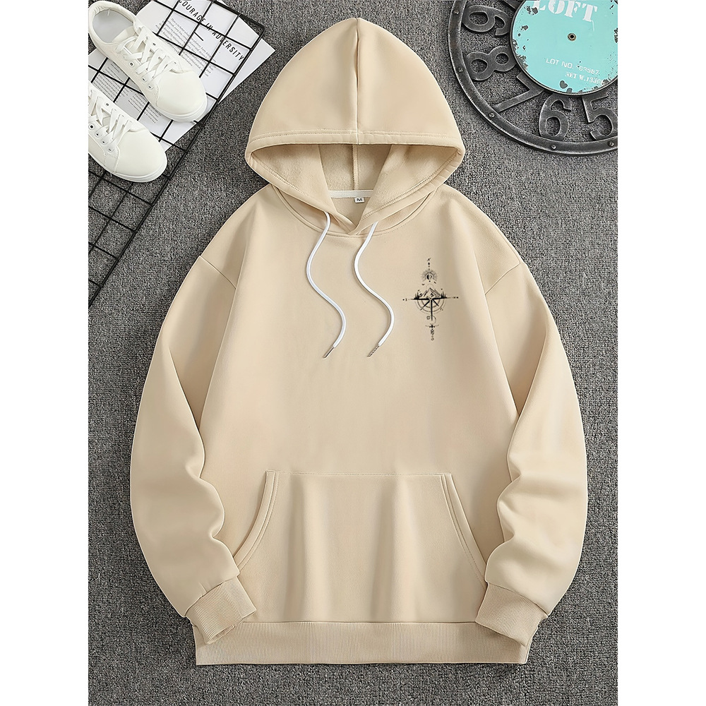 Men's regular fit soft cotton hoodie with compass print, drawstring hood, and kangaroo pocket