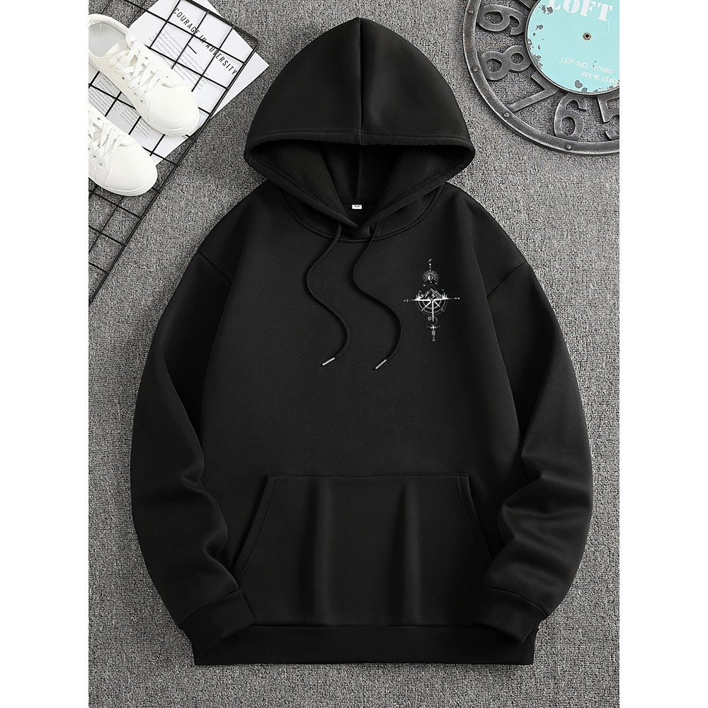 Mens Hoodie Regular Fit Soft Cotton Compass Print Drawstring Hood