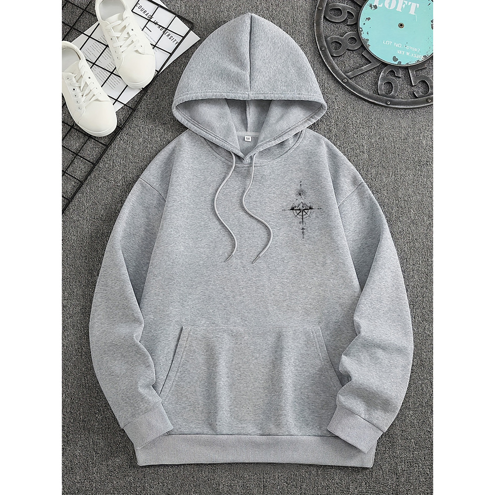 Men's regular fit navy hoodie with compass print, drawstring hood, and kangaroo pocket in soft cotton