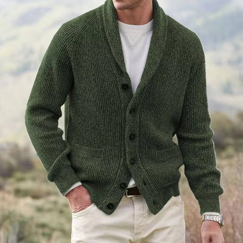 Men's cashmere blend shawl collar cardigan button-front cozy knit sweater polished layering style