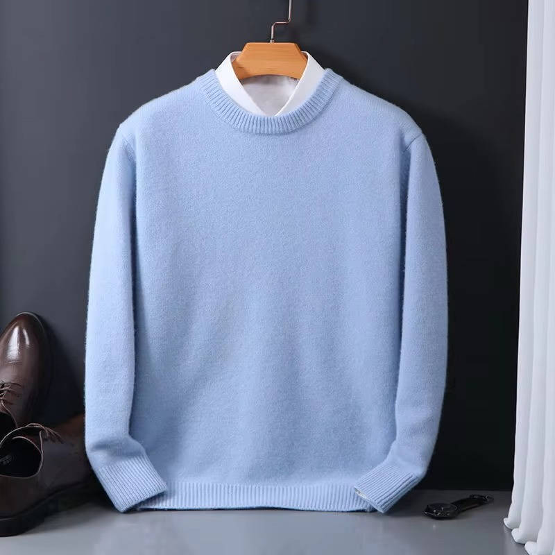 Orsenvi Men's Knit Light Blue Crew Neck Sweater