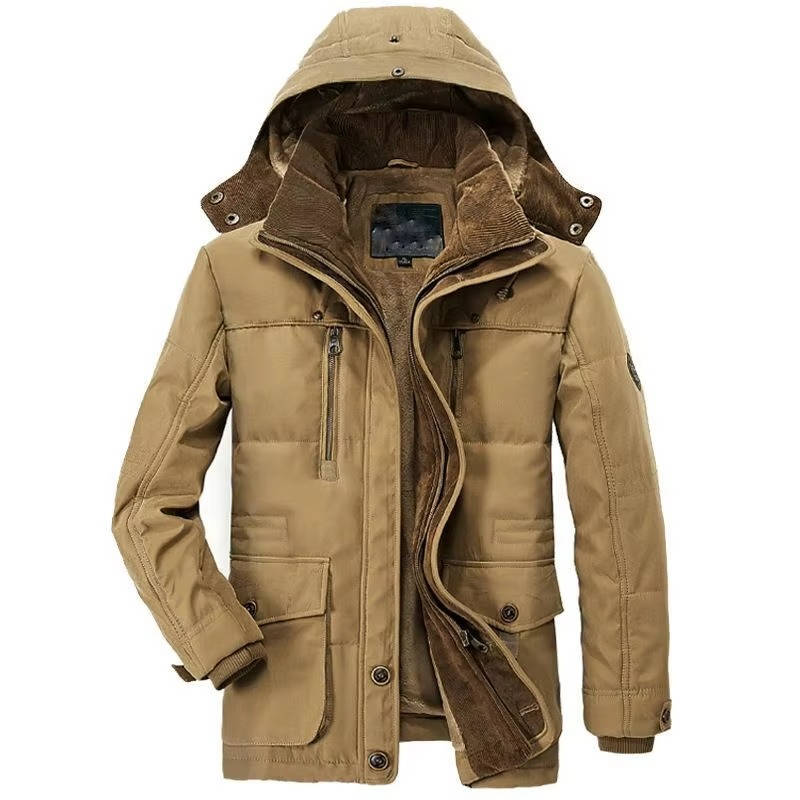 Men's insulated hooded winter parka, fleece-lined water-resistant shell, rugged cold-weather coat