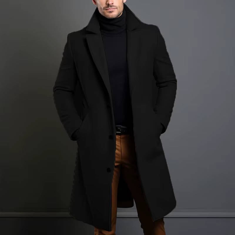 Orsenvi Men's Wool Single-Breasted Long Overcoat