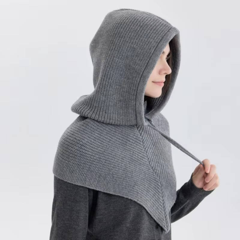 Beige knit 2-in-1 hooded scarf with drawstring tie and cozy neck coverage for winter warmth