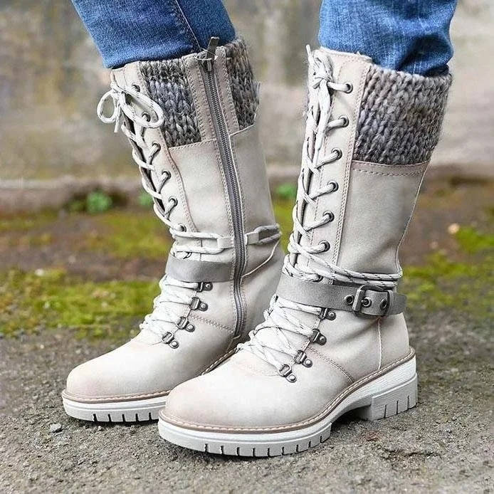 Women's waterproof snow boots in vintage-inspired PU leather, warm winter ankle style with rugged sole