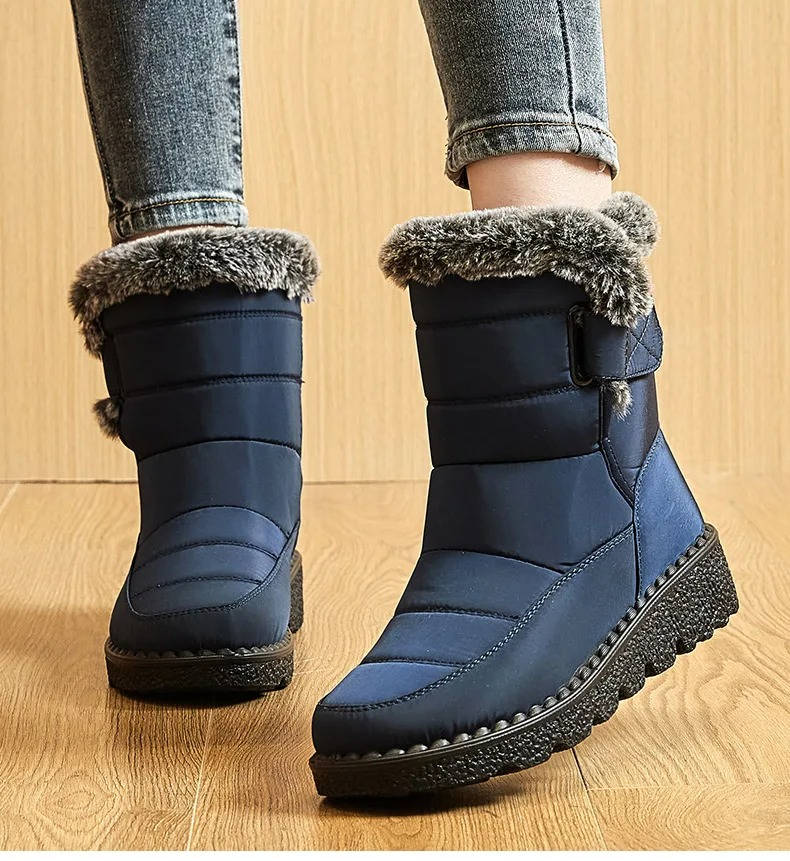 Women's waterproof insulated snow boots with fluffy fur lining for warm, dry winter outdoor wear